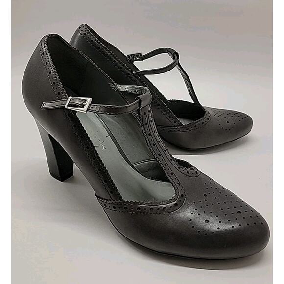FRANCO‎ SARTO Womens MaryJane Sz 9 Gray Leather Retro T-Strap Block Heel Shoes - Picture 1 of 16